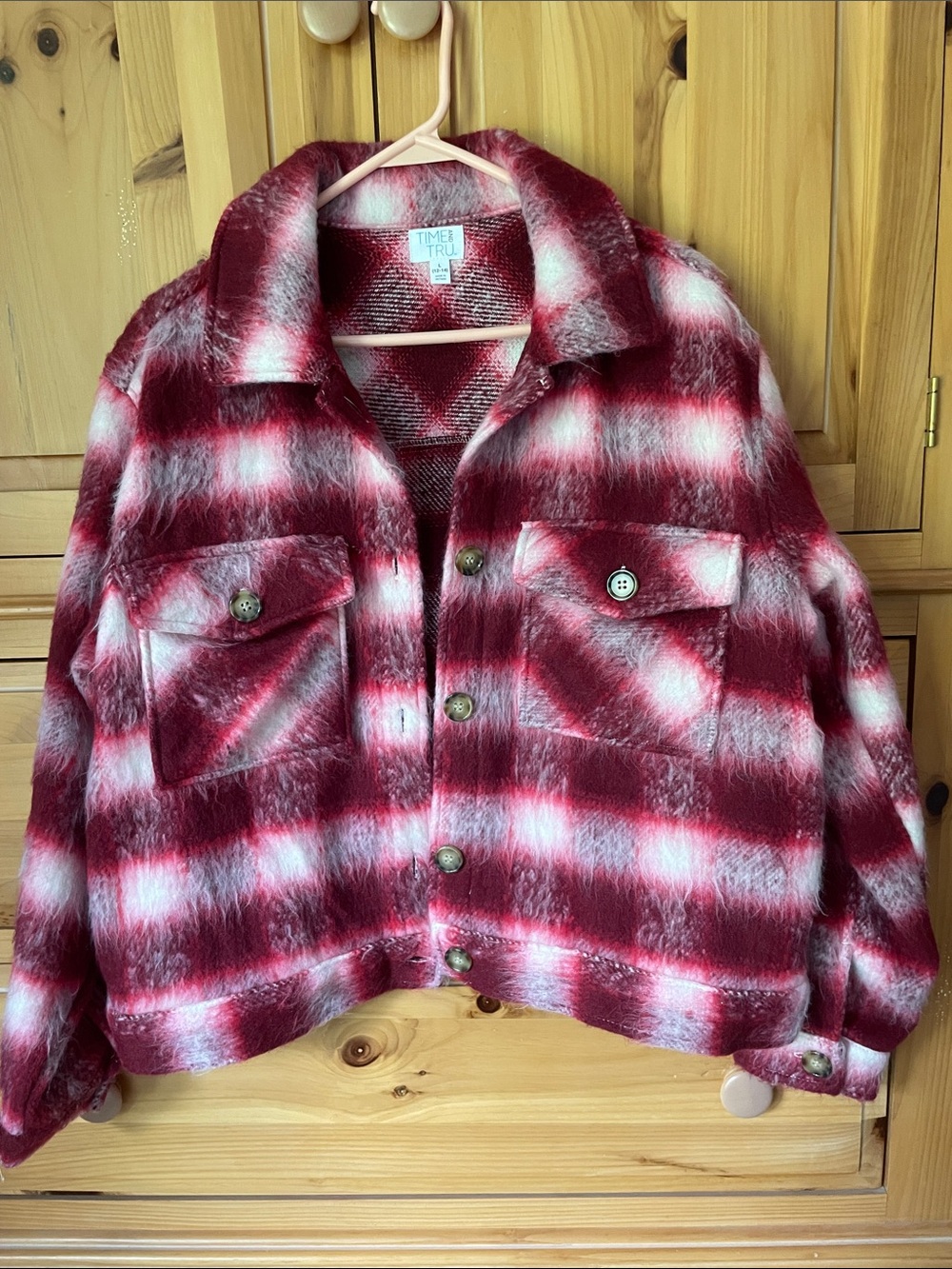 Time and Tru fuzzy Red and White Plaid Button-Up Shirt Jacket